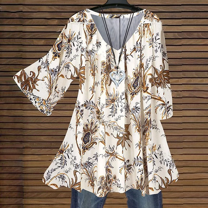 

Fashion Sexy V-Neck Female Blouse Elegant Floral Print Loose Shirt Vintage Women Half Sleeve Spring Autumn Tops Blusa Streetwear