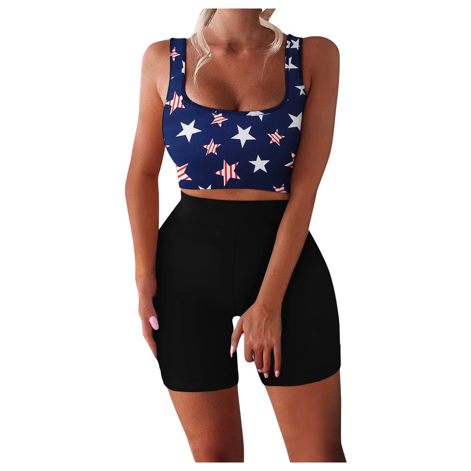 

2 Piece Prints Tank Shorts Square Collar Portswear Summer Beach Cotton Tracksuit Women Color Mixing Beach Cotton Tracksuit