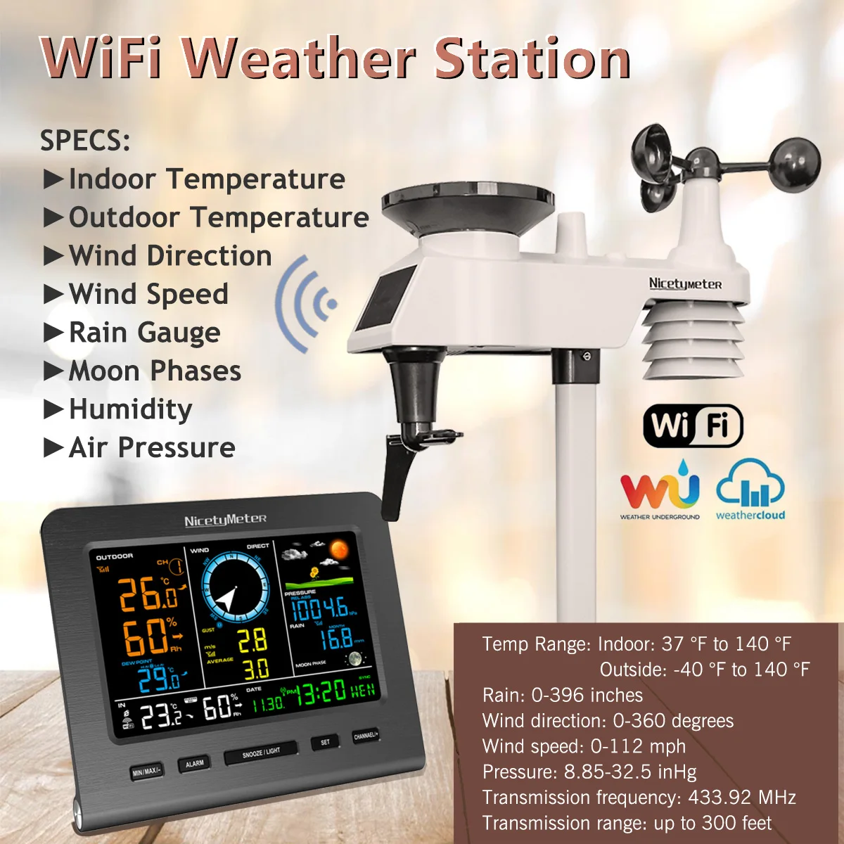 Internet Wireless Weather Station Weather Forecast Temperature Pressure Humidity Wind Gauge Rain Gauge Moon Phrase Alarm Clock