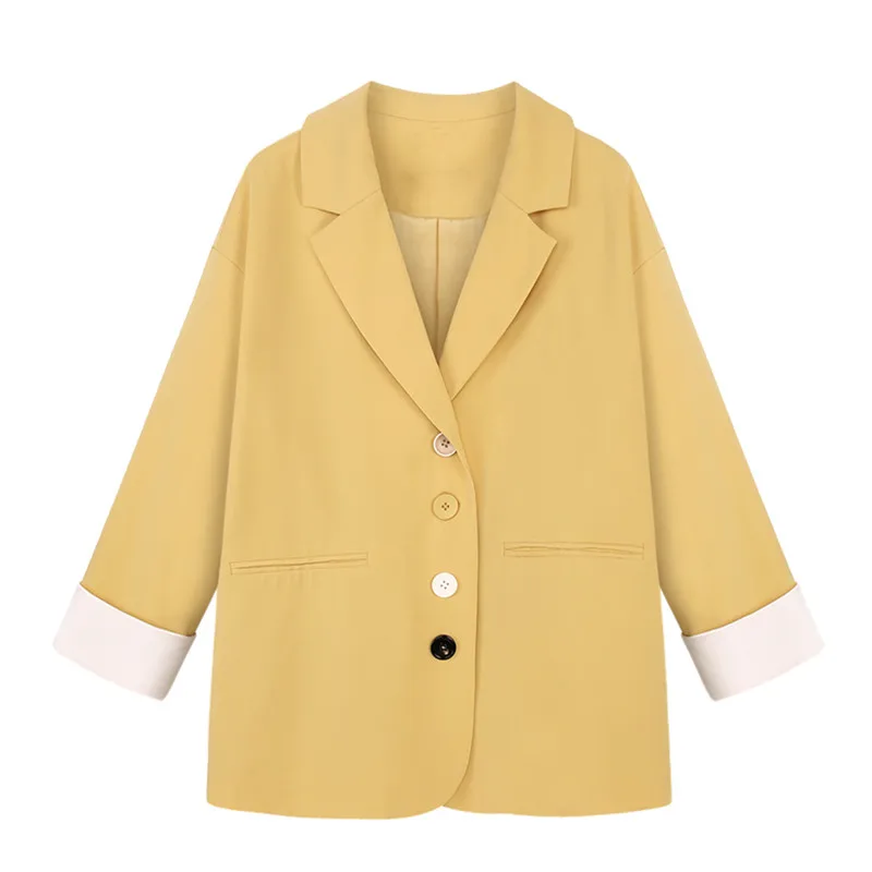 Желтый Зеленый Длинный блейзер женский длинный 2019 Модный рукав куртка с v