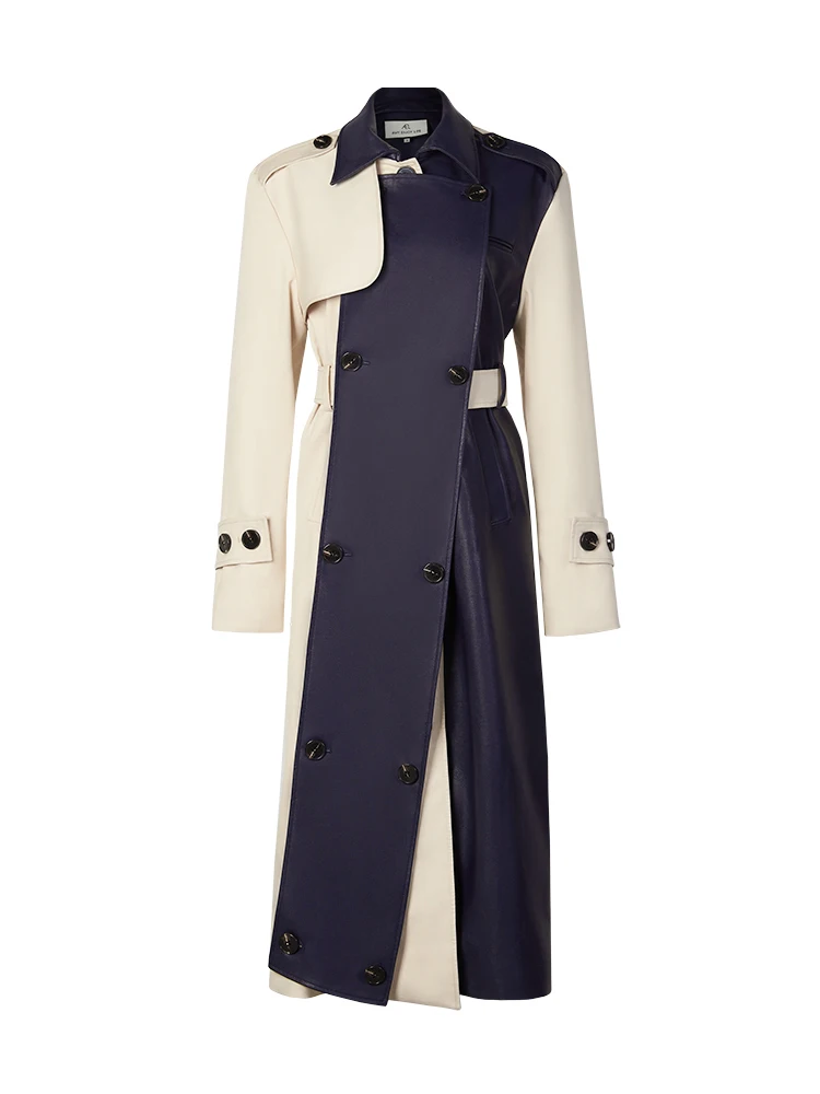 

Oversized hit color double breasted pu leather jackets female iregular stitching motor fashion pu leather coat with belt F860