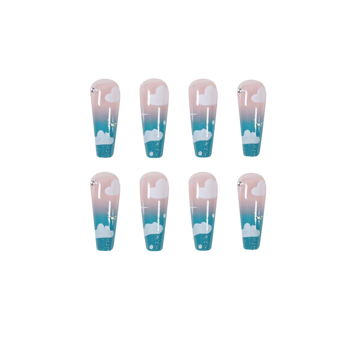 

New False Nail Sky Blue Clouds Gradient Rhinestone Wearing Nail Finished Fake Nail Removable Nail Patch DIY Nail Art