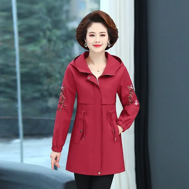 

Long Jacket Women Hooded Casual Windbreaker Coat Spring Autumn New Fashion Plus Size Women Clothes embroidery Outwear