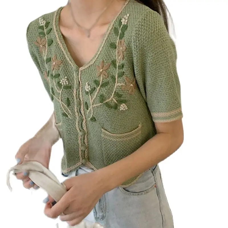 

Woman Sweater Cardigan Women Fashion Floral Embroidery Knitted Tops Cardigan Short Sleeve Retro V Neck Casual Loose Sweater