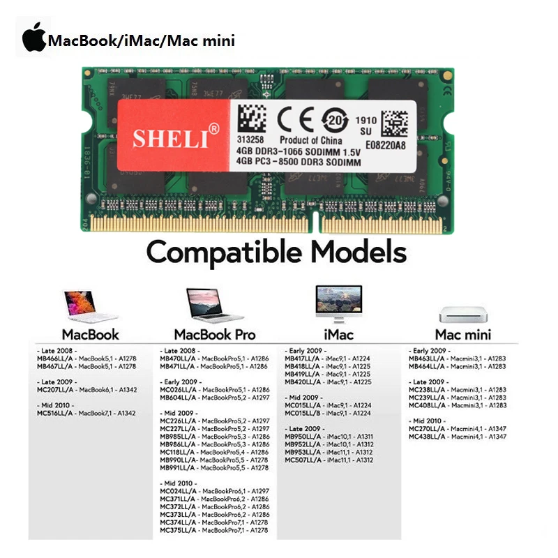 Оперативная память SHELI DDR3L 4 ГБ 8 PC3L 8500s 1066 МГц Sodimm Небуферизованная для ноутбука