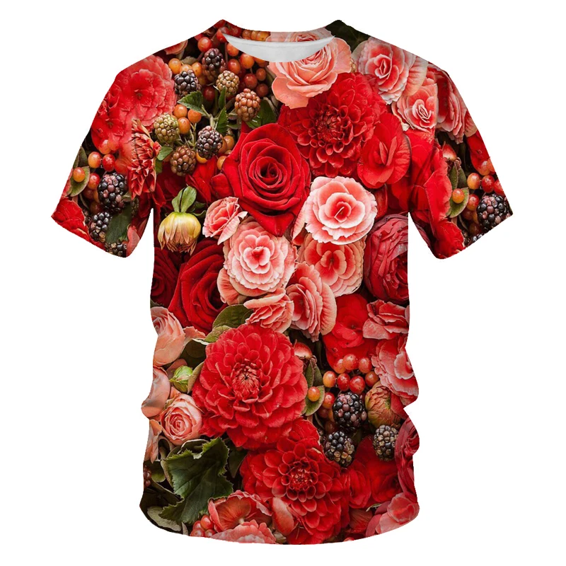 

Summer new style 3D printing red rose flower O-neck T-shirt men and women fashion casual short-sleeved XXS-6XL