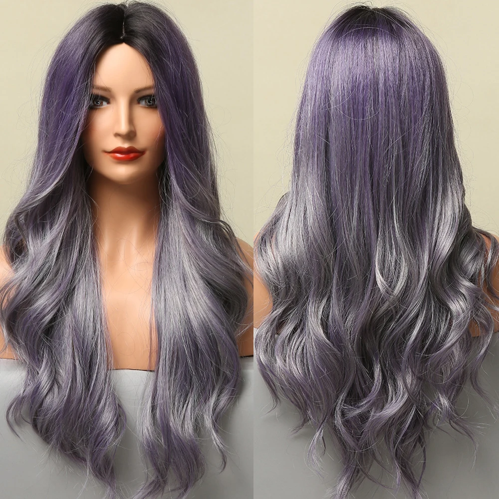 

ALAN EATON Long Wavy Mixed Black Purple Gray Ash Ombre Synthetic Hair Wig for Women Middle Part Cosplay Party Heat Resistant Wig