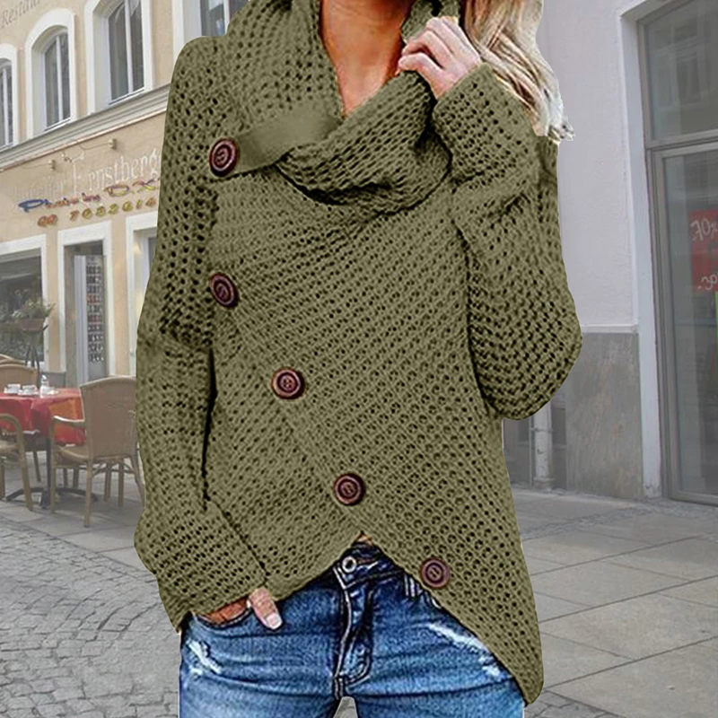 Women Turtleneck Sweater Autumn Causal Loose Buttons Knitted Female Pullover Fashion Irregular Solid Plus Size Jumper Sweaters | Женская