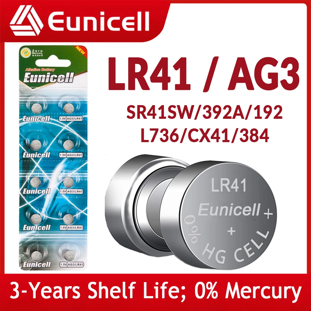 

Eunicell 10-50PCS 36mAh LR41 AG3 Button Batteries SR41SW CX41 LR41 SR41 L736 392 384 192 1.5V Alkaline Cell Coin Watch Battery