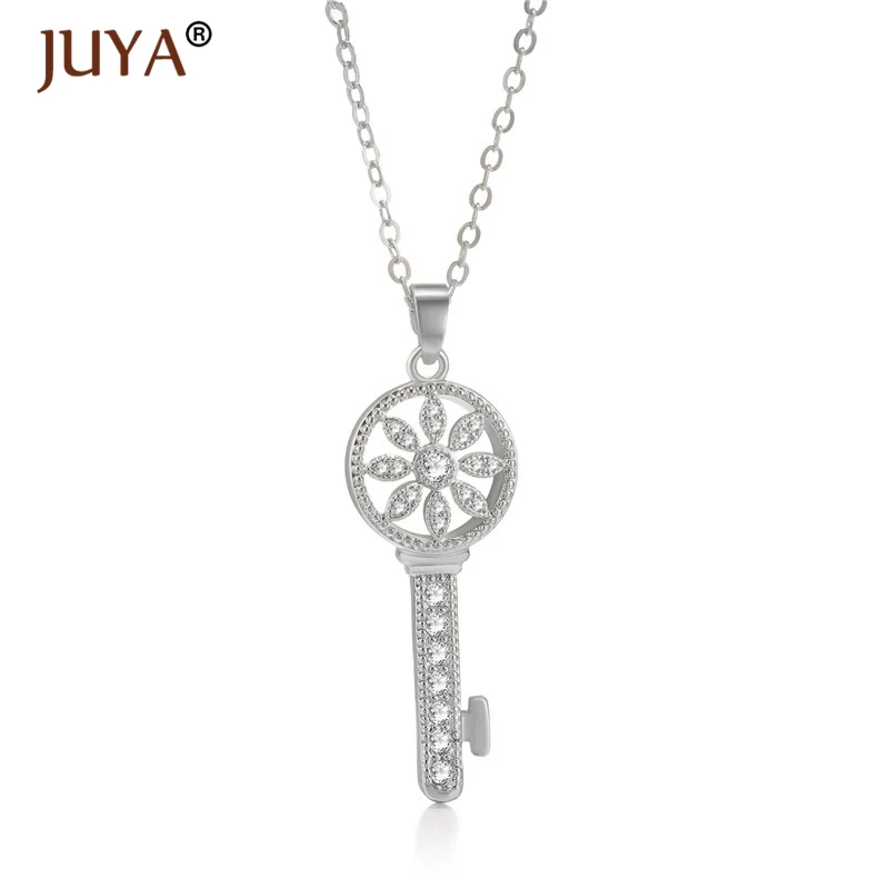 fashion statement necklaces for women Luxury Jewelry Copper Zircon Rhinestone Key Pendants Necklace Silver Femme