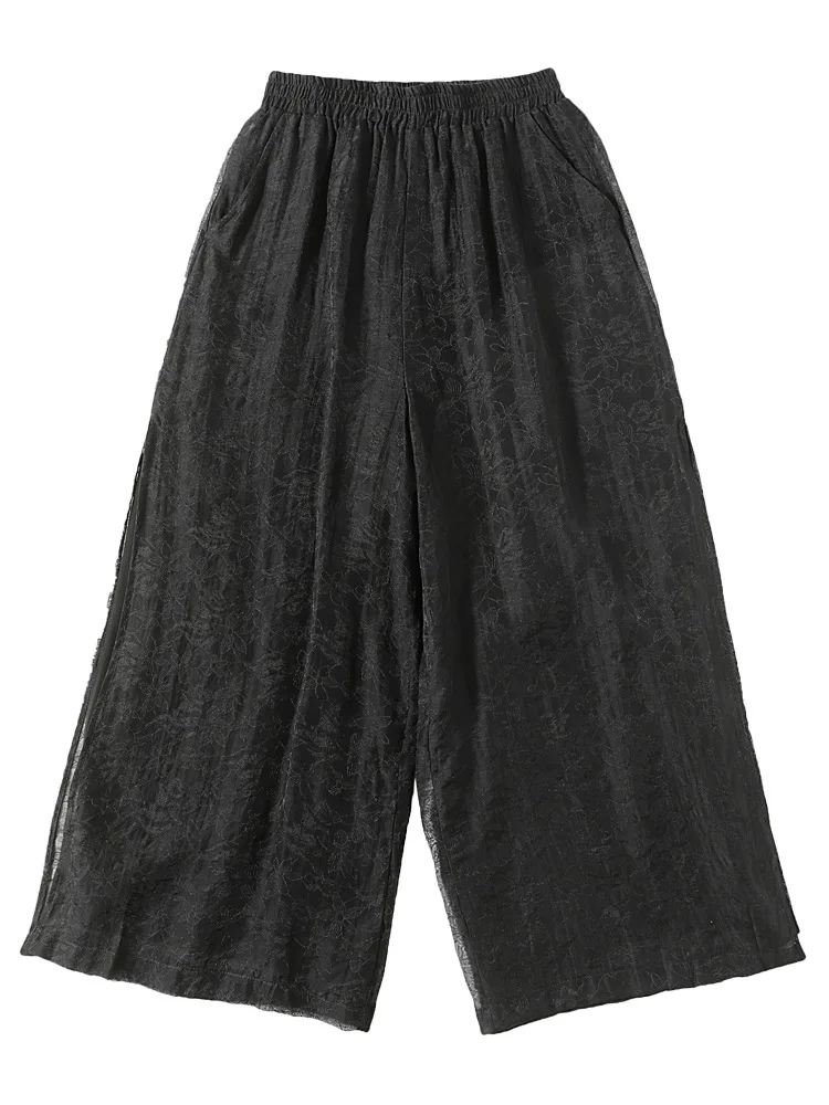 

Jacquard Chiffon Wide-Leg Pants Women's Drape And Elegant Nine-Point High-Waist Summer Thin Split Straight Black Pants