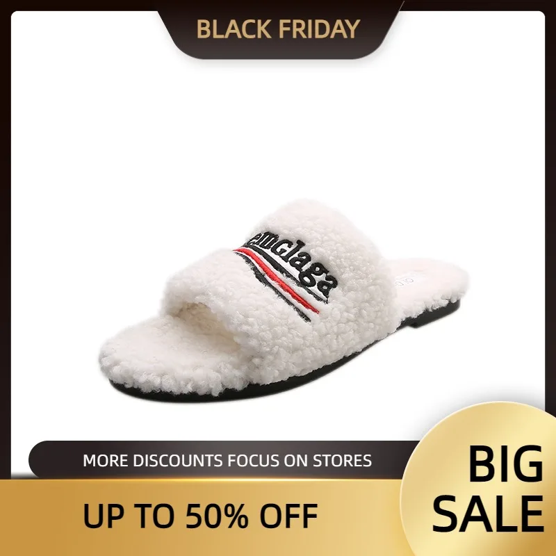 

Тапочки женские короткие плюшевые, плоская подошва, модные домашние тапочки, хлопок, круглый носок, без застежки, белые, осень 2022