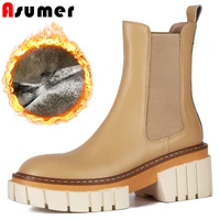 asumer size 34 43 new genuine leather boots women chelsea boots chunky autumn winter ankle boots ladies thick fur snow botas