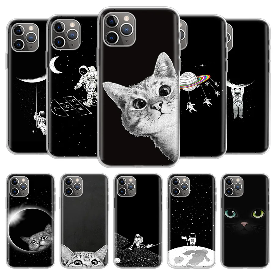 

Space Moon Cute Cats Cover Phone Case For iPhone 13 12 11 Pro 7 6 X 8 6S Plus XS MAX + XR Mini SE 5S Coque Shell Capa Fundas