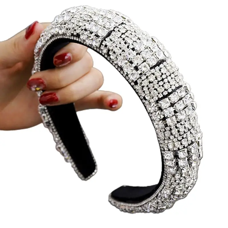 

Baroque Jewelry Metal Chain Headband Luxury Multi Rows Colorful Rhinestone Hair Hoop Retro Sponge Padded Wide Headdress