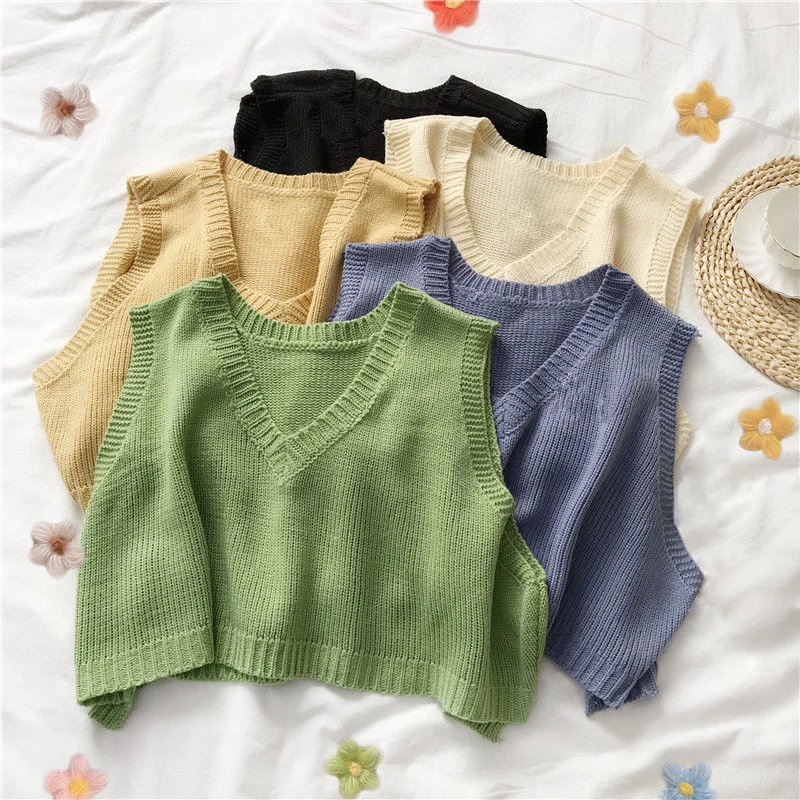 

Женский трикотажный жилет с V-образным вырезом, весна-осень, свитер, жилеты, Короткие повседневные вязаные пуловеры без рукавов для колледжа...