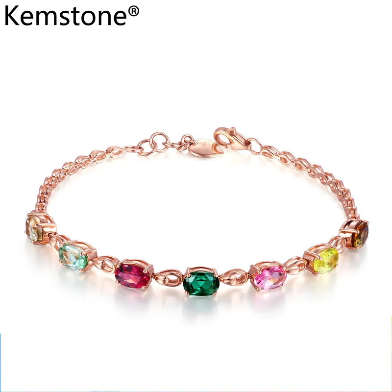 Kemstone Multicolor Oval Zircon Rose Gold Color Copper Charm Link Chain Bracelet Jewelry Gift for Women | Украшения и аксессуары
