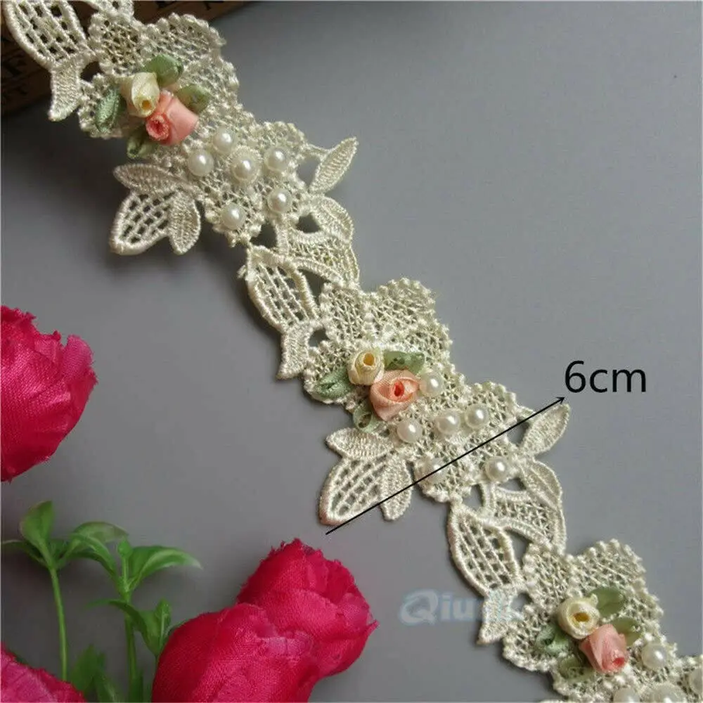 1 фут ширина 6 см полиэстер Жемчужный Цветок кружевная отделка края лента вышитая