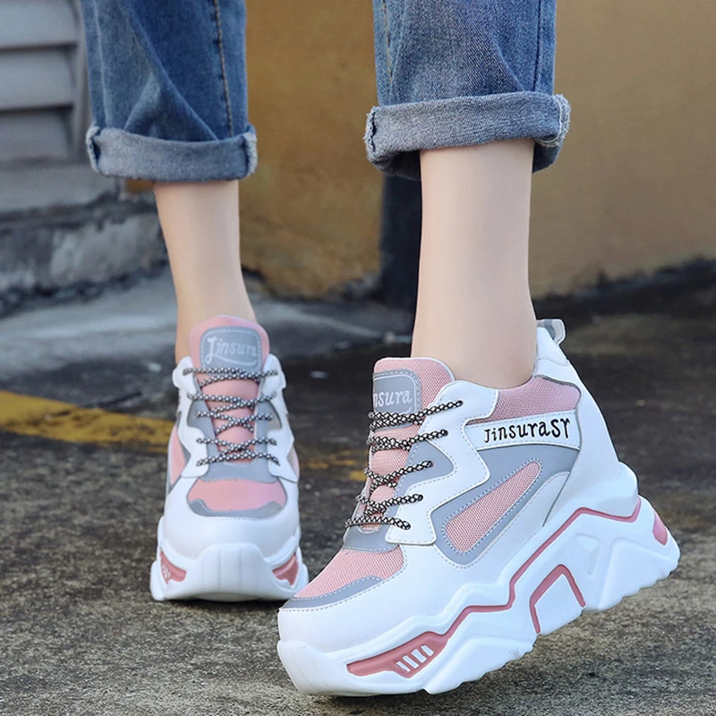 

Кроссовки женские на толстой подошве, дышащие сетчатые, на шнуровке, повседневная обувь на высоком каблуке, повседневные