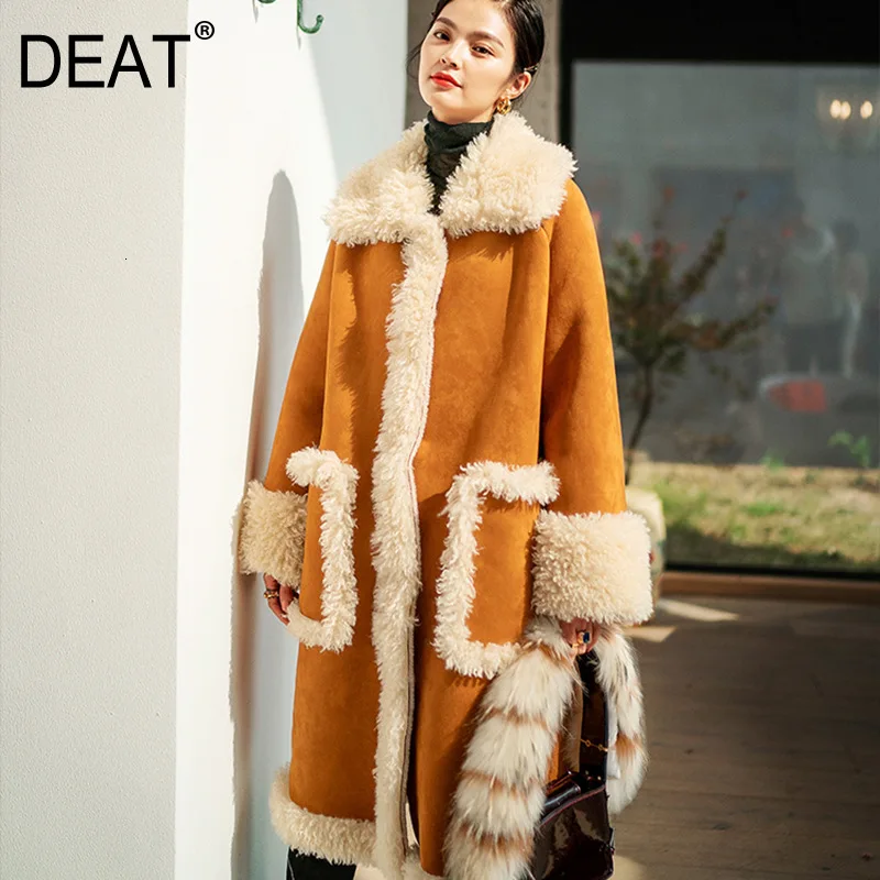 DEAT 2020 новое зимнее модное женское длинное пальто с карманом меховым воротником