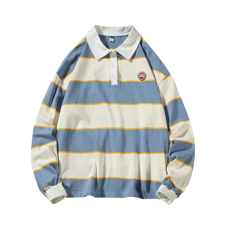 

2020 Men's Stripe Printing Pullover Lapel Collar Loose Student Coat Sweatshirt Cotton Casual Clothes Hoodies Big Size M-5XL