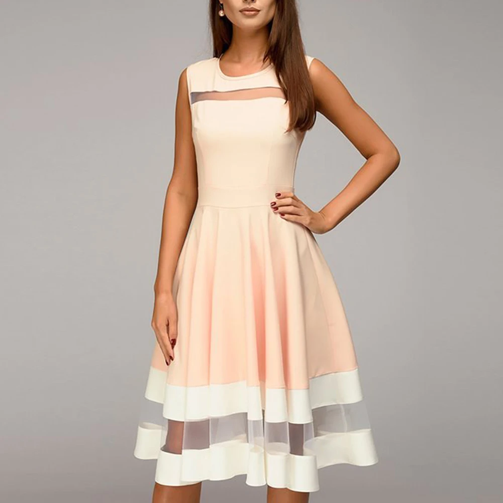 Шикарное женское Сетчатое платье миди без рукавов с круглым вырезом и сшитым