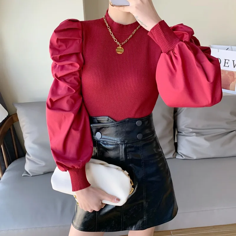 

2021 New Autumn Elegant T Shirt Women Clothes Harajuku Tee Solid Black Color Knitted Lantern Sleeve Women's T-shirt Korean Style