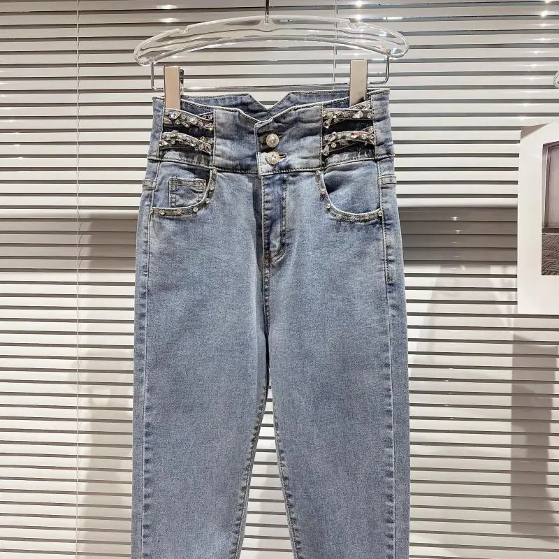 

Female Rhinestone Lace-up High Waist Slim Long Pencil Jeans Women's Spring Skinny Tight Fit Denim Pants