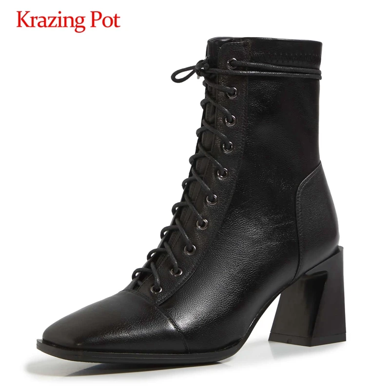 Harga Krazing Pot Panas Ukuran Besar Sepatu Bot Nyata Kulit Sapi Baru Square Toe Tebal Tinggi Tumit Renda Kantor Wanita Semata Kaki L8f1