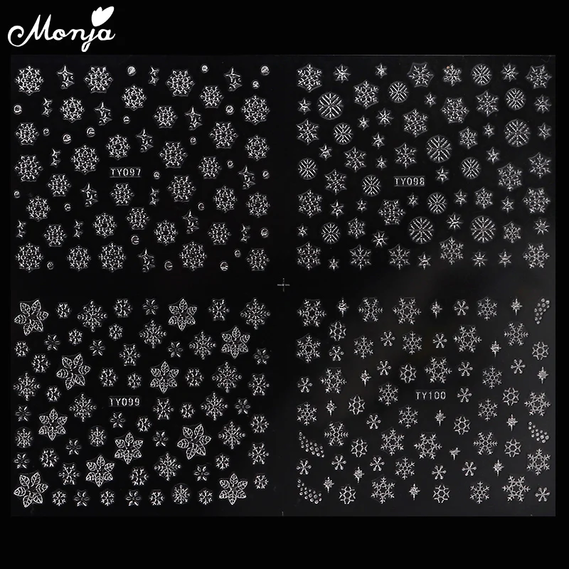 Monja 12 стилей/Лист наклейки для дизайна ногтей Серебряный рождественский снежинка самоклеющиеся наклейки Зимний Рождественский узор маникюр наклейки декор