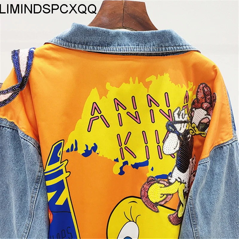 Женская джинсовая куртка с мультяшным принтом блестками длинным рукавом