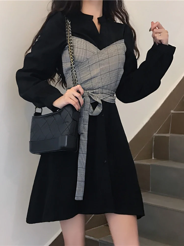 

Stitching fashion dress women's spring Dress 2021 New French retro style waist slimming temperament little black Dress Female