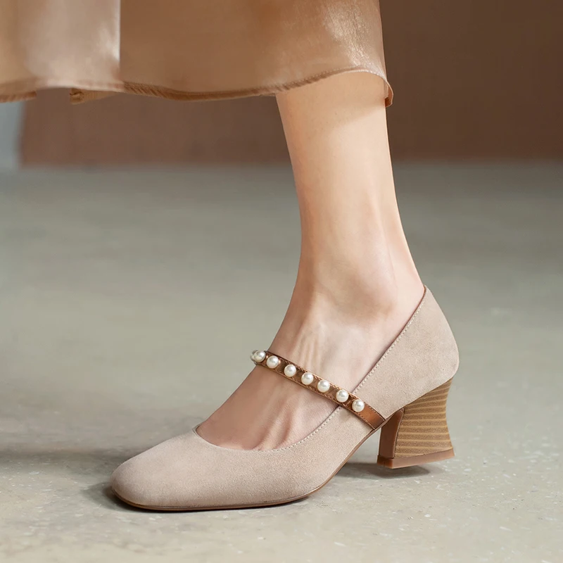 

Mary Jane Retro Pearl Shoes Woman Spring Newest Shallow Top Quality Thick High Heels Pumps 2021 Working Office Lady Women Shoes