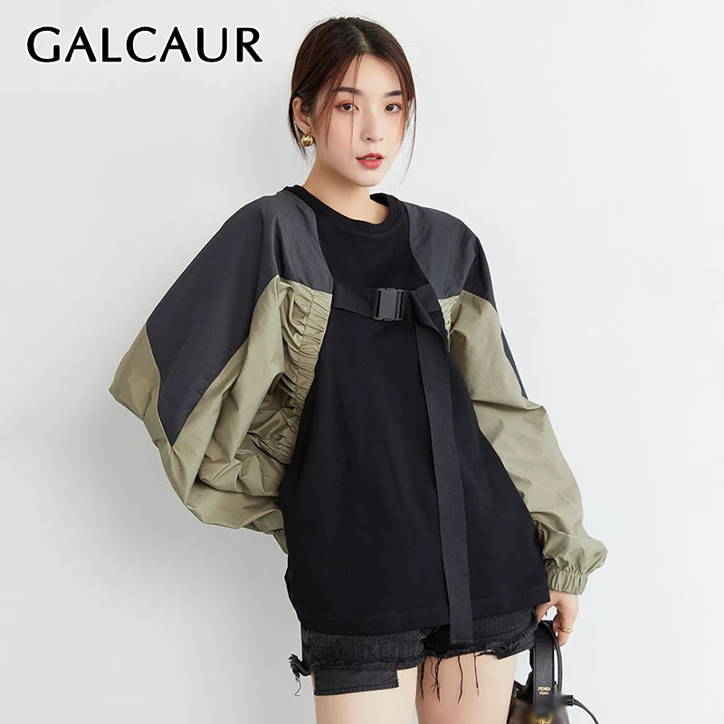 

GALCAUR Hit Color Sweatshirts For Women O Neck Batwing Long Sleeve Patchwork Lace Up Designer Knitting Pullovers Female 2021 New