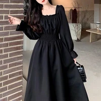 houzhou black elegant dress women vintage long sleeve spring autumn dresses square collar oversize loose casual robe streetwear