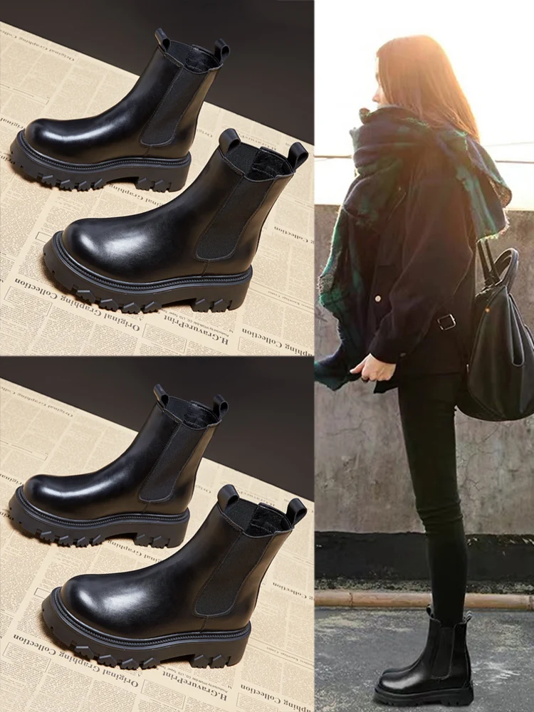 

Женские ботинки на плоской платформе, кожаные ботинки, женская зимняя обувь, сабо с круглым носком, 2021, резиновые, рок, до щиколотки, для осен...