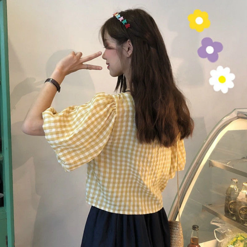 

Blouses Women Summer Puff Short Sleeve Plaid V-neck Shirts Pleated Lace-up Sweet Korean Loose All-match 3-color Girls Retro Chic