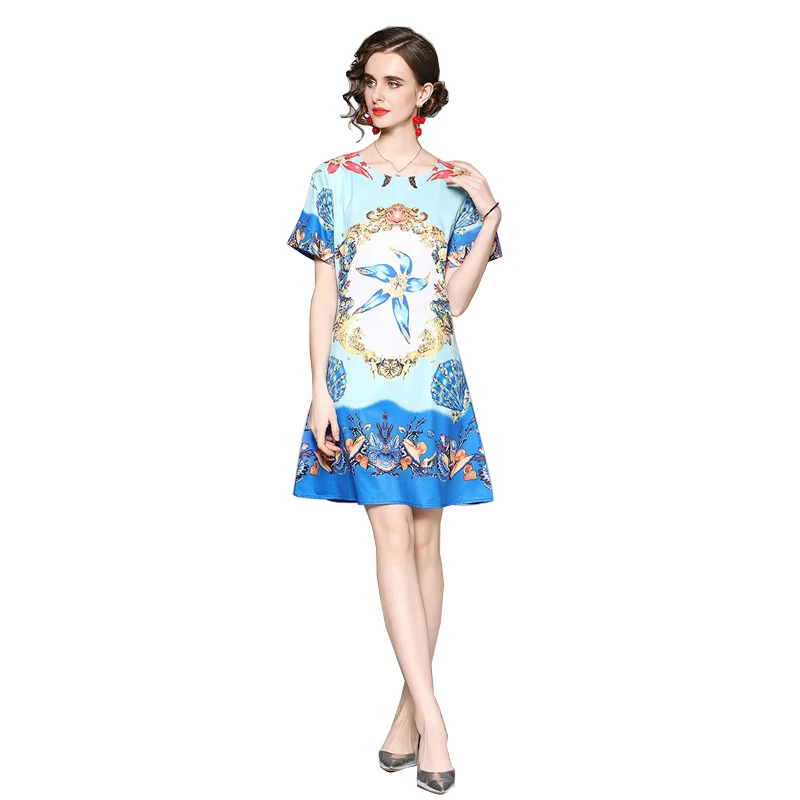 

2021 Newest Summer Fashion Designer Runway Girl`s Dress Women's Dress O-Neck Short Sleeve Beaded Conch Shell Print Mini Dresses