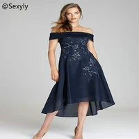 navy blue short mother of the bride dress 2021 chiffon off shoulder midi evening prom dresses with lace night party robe soir%c3%a9e