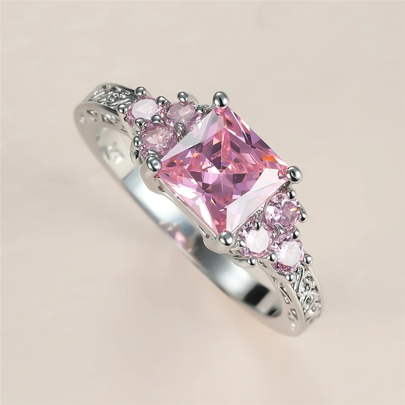 

Luxury Female Pink Crystal Stone Ring Charm Silver Color Wedding Rings For Women Vintage Bride Square Zircon Engagement Ring