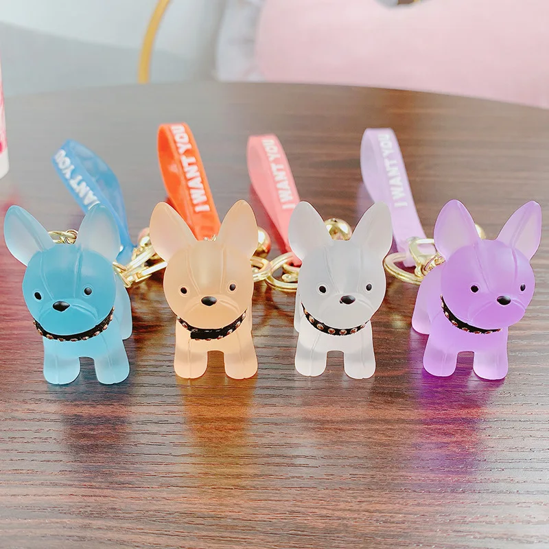

Cute Crystal French Bulldog Keychain Leather Rope Keyring Holder Punk Style Penant Bag Charm Trinket Chaveiros Bag Accessories