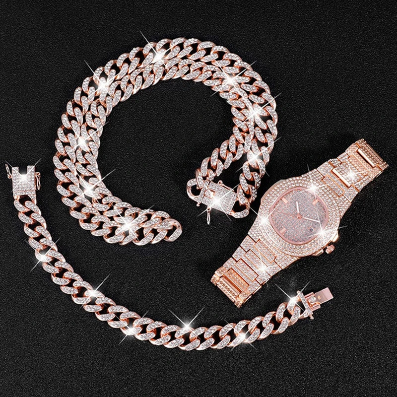 

Hip Hop Style Crystal Miami Cuban Chain Men Watch & Necklace & Bracelet Set Gift for Love Friend 4 Colors