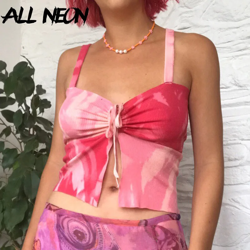 

ALLNeon 2000s Aesthetics Tie Dye Lace-Up Red Cami Tops Y2K Streetwear Drawstring Straped Slit Hem Cute Crop Tops Harajuku 2021