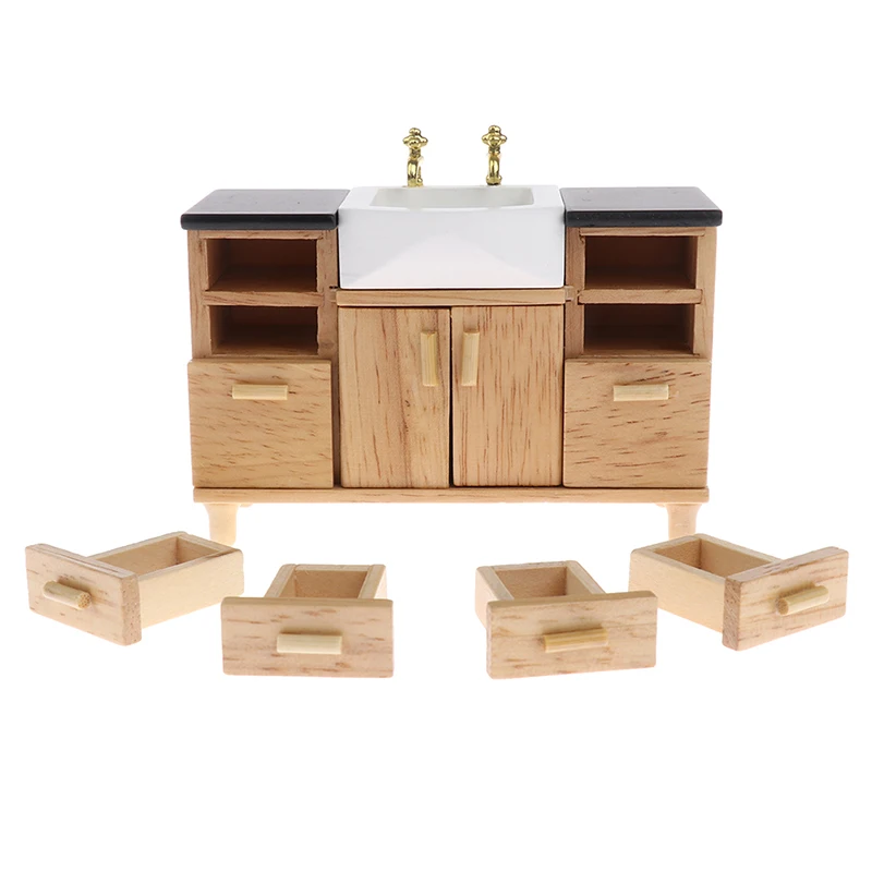 

1/12 Wooden Wash Basin Cabinet with Ceramic Hand Sink Miniature Furniture Toys for Dollhouse Bathroom Kitchen Decoration