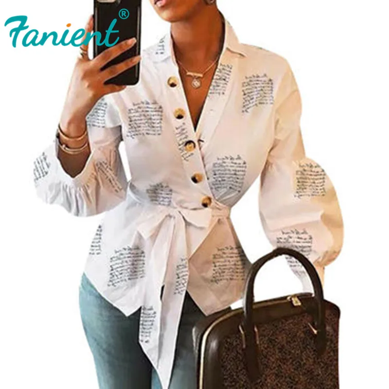 Женская блузка с надписью длинным рукавом-фонариком офисная для осени и зимы