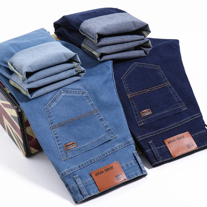 

Men Jeans Business Casual Light Blue Elastic Force Fashion Denim Jeans Trousers Male Brand Pants