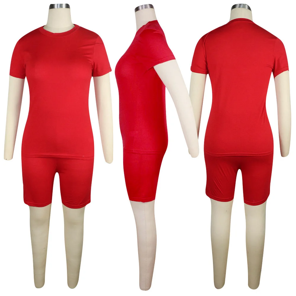 

S-4XL Solid Cotton Soft Plus Size Two Piece Set Women's Clothes 2021 O Neck Short Sleeve T-shirt and Skinny Biker Short Outfits