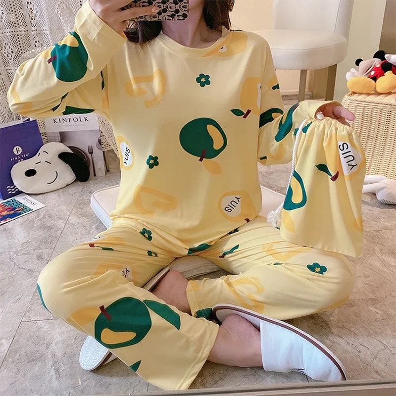 

Pajama Sets Women Printed O-Neck Cotton Soft Homewear Long Sleeve Womens Autumn Lovely Fashion Simple Sleepwear Pyjamas Ulzzang
