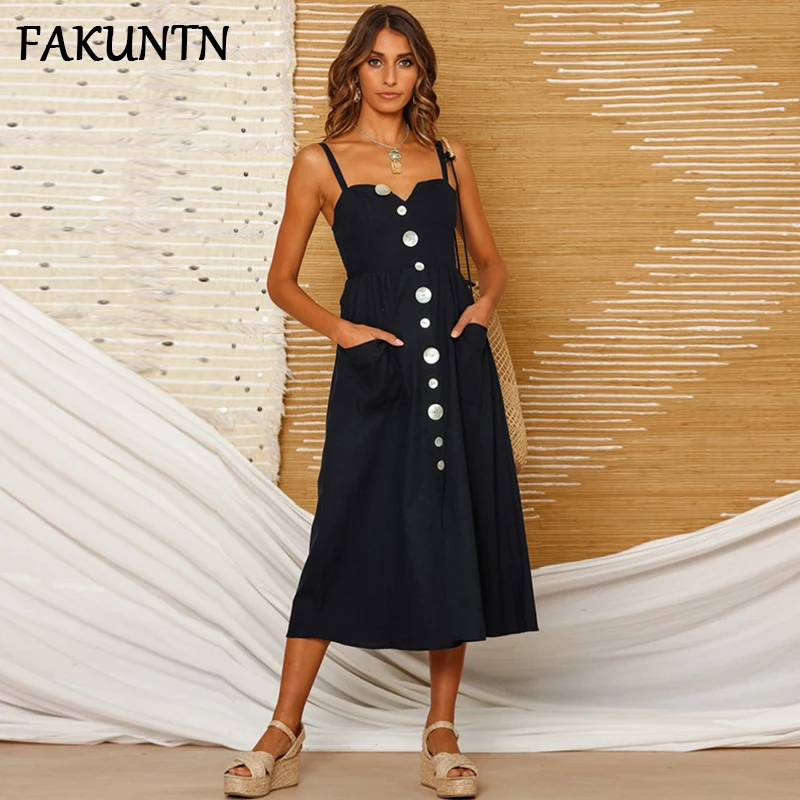 

Women Black Single-breasted Dress Summer 2021 Sundress Female Robe Square Collar Pocket Sleeveless Casual Loose Midi Strap dress