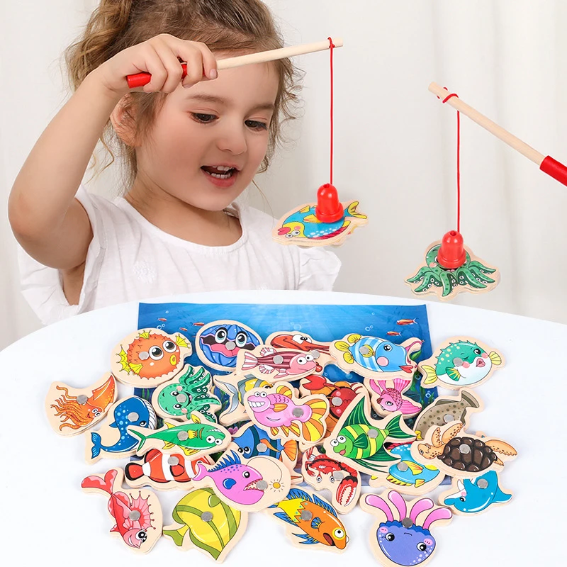 Wooden Magnetic Fshing Game Cartoon Marine Life Cognition Fish Rod Toys for Children Early Educational Parent-child Interactive | Игрушки и